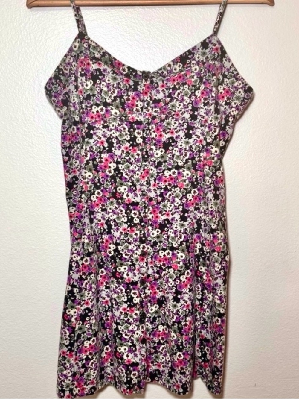 American Eagle Floral Mini Dress Medium Black Button Front Sundress Y2K